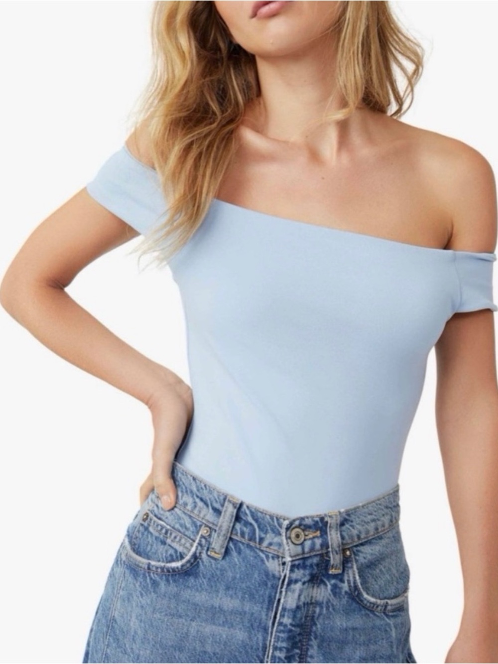 Off-Shoulder Light Blue Slim-Fit Women’s Body Suit